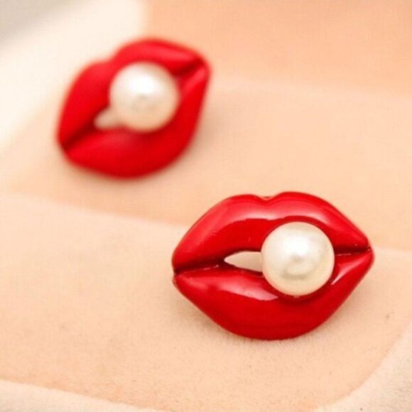 5/$25 Red Enamel Lips Pearl (faux) Earrings - Picture 5 of 8